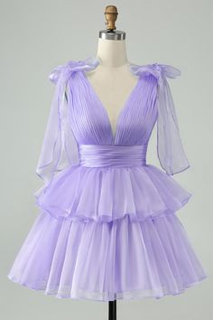 V-neck Organza Party Dress, Feminine V-neck Evening Dress For Party, Lavender Gown For Prom Party, Lavender Gown For Prom Season Party, V-neck Ruffle Bridesmaid Dress For Party, Lavender Tulle Evening Dress For Party, Purple Tulle Gown For Party, Purple Tulle Party Gown, Lavender Sleeveless Party Gown