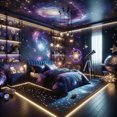 a bedroom decorated in purple and blue with stars on the ceiling