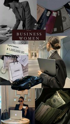 business women collage with money, laptops and other items in the foreground