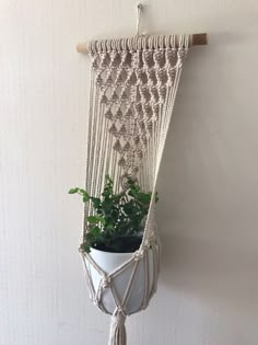 a macrame plant hanger with a potted plant in it and a rope hanging from the wall