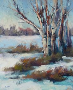 an oil painting of trees in the snow