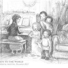 a black and white drawing of a woman playing the piano with two children in front of her