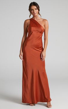 Elzales One Shoulder Beaded Strap Satin Maxi Dress in Rust | Showpo One Shoulder Bias Cut Bridesmaid Dress, One-shoulder Bridesmaid Dress With Bias Cut, One-shoulder Bias Cut Bridesmaid Dress, Prom Dress With Asymmetrical Neckline And Bias Cut, One Shoulder Fitted Bodice Bias Cut Dress, Fitted One Shoulder Bias Cut Sleeveless Dress, Fitted One Shoulder Sleeveless Dress (bias Cut), Fitted One Shoulder Sleeveless Dress With Bias Cut, Fitted Bias Cut One Shoulder Sleeveless Dress