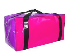 a pink and purple duffel bag on a white background