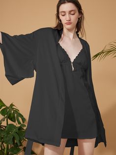 A sexy Japanese yukata robe pajama set with lace dress.2pcs: a short robe and a a dress.- Polyester Charmeuse, silky comfort, machine wash cold.- Removable waist tie closure.- Japanese wide sleeves. - Removable bra inserts.- Lace trim on front dress.- Relaxed fit with a luxurious flowing drape.