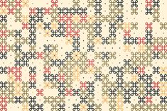 an image of a cross stitch pattern in red, yellow and black on a white background