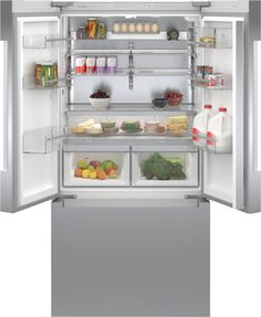 an open refrigerator with its doors wide open and food in the bottom drawer is shown