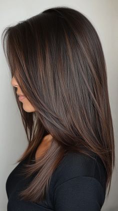 Long Layered Haircuts For Volume, Haircut All One Length, Dark Brunette With Subtle Highlights, Lob Brunette Hair, Medium Straight Hairstyles For Fine Hair, Brunette Hair Color With Dimension, Chocolate Brown Balayage Straight Hair, Long Hair Bob Styles, Haircut For Damaged Hair