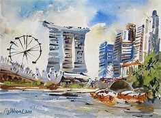 watercolor painting of cityscape with ferris wheel in the foreground and skyscrapers in the background