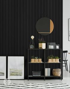 a black and white living room with plants on the shelf, potted plants in front of a round mirror