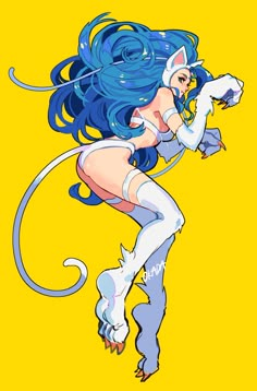 an anime character with blue hair and white cats on her body, holding a cat tail