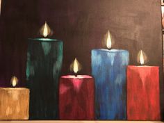 a painting of three lit candles in front of a black background with white and red ones