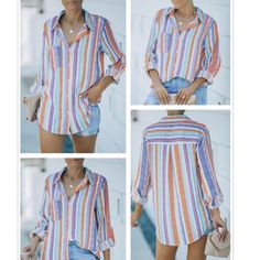 Blenco V Neck Striped Shirt Long Sleeve Roll Up Tunic Button Down Blouse Extra Large Orange Blue White New With Tags Multicolor Long Sleeve Summer Shirt, Summer Long Sleeve Multicolor Shirt, Summer Long Sleeve Tops With Pockets, Summer Multicolor Long Sleeve Shirt, Multicolor Beach Shirt For Fall, Trendy Multicolor Tops With Pockets, Multicolor Beach Tops With Pockets, Orange Tops With Buttons For Day Out, Multicolor Button Closure Shirt For Day Out