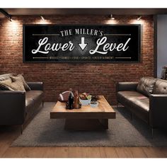 the miller's lower level level sign is displayed above two couches and a coffee table