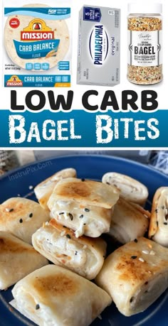 low carb bagel bites on a blue plate with the title overlay reading low carb bagel bites