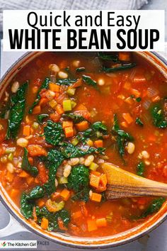 White bean soup in white pot with wooden spoon. Title: Quick and Easy White Bean Soup. White Bean Vegetable Soup, White Bean Soup Vegan, Vegetable Bean Soup, White Bean And Kale Soup, Bean And Kale Soup, White Bean And Kale, Tuscan White Bean Soup, White Bean Kale Soup, Winter Vegetable Soup