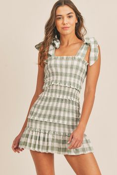 Dolce Vita Sage Gingham Tie-Strap Mini Dress - BohoPink Summer Sundress With Ruched Detail, Spring Beach Sundress With Ruched Details, Spring Vacation Sundress With Ruched Detail, Green Summer Mini Dress For Picnic, Ruched Mini Sundress For Summer, Summer Sundress With Tie Straps For Picnic, Summer Ruched Sundress, Spring Picnic Sundress With Tie Straps, Summer Brunch Sundress With Ruched Detail