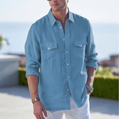 Season:Spring   Fall; Fabric:Cotton And Linen; Sleeve Length:Long Sleeve; Look After Me:Wet and Dry Cleaning,Washable; Gender:Men,Men's; Style:Comfortable,Fashion; Tops Type:Beach Shirt,Button Up Shirt,Linen Shirt,Shirt,Cotton Linen Shirt; Occasion:Streetwear,Casual,Daily,Holiday,Vacation; Pattern:Plain; Design:Front Pocket; Neckline:Lapel; Listing Date:11/28/2023; Bust:; Length:; Shoulder Width:; Sleeve: Blue Linen Shirt Men, Cheap Washed Blue Men's Shirt, Button-up Washed Blue Shirt For Casual Gatherings, Powder Blue Dress, Light Blue Linen Button-up Shirt, Casual Light Blue Button-up Dress Shirt, Blue Shirt Dress, Casual Streetwear, Beach Shirts