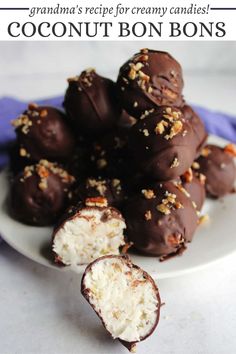 chocolate covered coconut bons on a plate with text overlay that reads grandma's recipe for creamy candies coconut bons