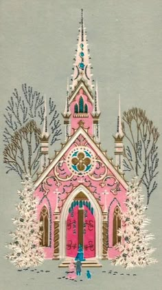 a drawing of a pink church surrounded by trees and snow covered branches, with a person standing in front of the door