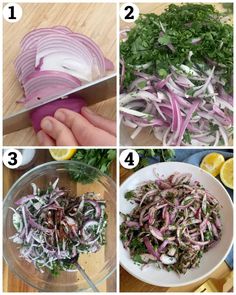 four pictures showing how to cut onions and prepare them for the salad dressing process, including onion slices, cilantro, parsley, lemon wedges, and kale