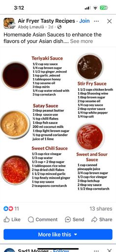 Homemade Asian Sauce, Mini Crockpot Recipes, Different Sauces, Asian Sauces, Salads Dressing, Satay Sauce, Asian Sauce, Chinese Cooking Recipes