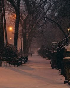 a snowy sidewalk with benches and street lights