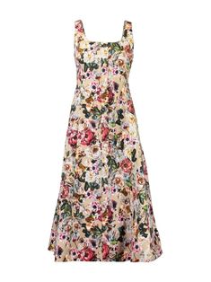 multicolour stretch-cotton all-over floral print fabric-covered buttons scoop neck front button fastening sleeveless A-line skirt straight hem mid-length