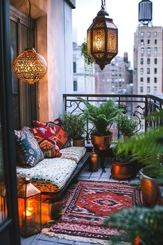 a balcony with potted plants and hanging lights