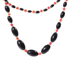 Vintage 29" beaded necklace Czech gradual black oval orange English cut glass beads Black Oval Beaded Necklaces, Vintage Black Necklace With Oval Beads, Vintage Black Jewelry With Colorful Beads, Black Vintage Jewelry With Multicolored Beads, Black Jewelry With Colorful Oval Beads, Black Necklace With Colorful Oval Beads, Black Necklaces With Colorful Oval Beads, Black Beaded Jewelry With Oval Beads, Vintage Black Beaded Necklace With Colorful Beads