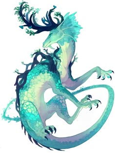 a green and blue dragon with horns on its back