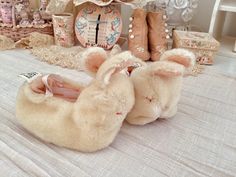 "The bunny wabbits are sleeping! These vintage slippers measure 5\" long, made of mohair.  They are extremely soft.  Inside they are lined with peach felt, the bottoms with brown. They fit somewhere between a newborn to 14 month old baby, depending on how big your baby came out. There are a couple worn spots, hard to spot. As cute as can be. Excellent condition. Clean fur. I have several more like these, different sizes. Just ask. Adorable! Enjoy! Thank you for looking!" Fluffy Bunny Slippers, Rabbit Slippers, Pink Fluffy Bunny Slippers, Baby Toys Clogs & Mules, Bunny Slippers For Baby, Bunny Slippers, Baby Coming, Baby Slippers, Leather Books