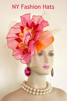 "Women's Straw Braid All Year Fashion Designer Haute Couture Cocktail Pillbox Style Hat Fascinator Headpiece - Wedding Bridal Fashion Hair  Accessory.  This Couture Custom Made Special Occasion Hat Is Embellished With A Large Sheer Cream Horsehair Crinoline Bow Mixed With A Hot Pink And Orange Organza Sheer Large Bow. Placed Inside This Ornate Handmade Bow Is A Handmade Large Silk Flower Containing Vibrant Colors Of Orange, Hot Pink And Soft Pink. A Beautiful Soft Pink Rosette Is Placed In The C Hat For Wedding, Art Hats, Attic Studio, Special Occasion Hats, Pill Box Hat, Custom Made Hats, Royal Ascot Hats, Horse Races, Bridal Fascinator