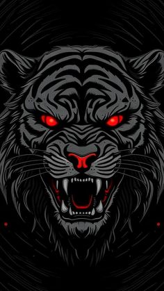 a black tiger with red eyes on it's face and fangs in the dark