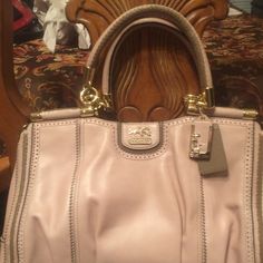 Beautiful Pink Coach Handbag Never Carried. 15"W X 10"H X 5"D Beautiful Leather. Tan Color Trim. Shoulder Strap. Purchased But It Was Too Large For Me. New Without Tags. Luxury Coach Leather Satchel, Elegant Coach Satchel For Travel, Luxury Leather Coach Satchel, Elegant Shoulder Bag For Errands With Top Carry Handle, Luxury Coach Rectangular Satchel, Elegant Bag For Errands With Handle Drop, Elegant Handheld Satchel For Errands, Coach Satchel With Gold-tone Hardware For Errands, Coach Soft Leather Top Handle Satchel