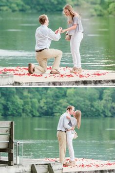 a man kneeling down next to a woman on a dock