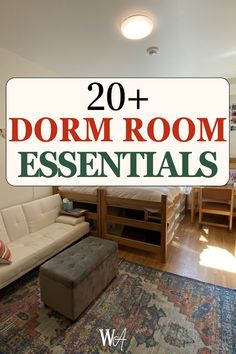 the words dorm room essentials are in front of an image of a couch and ottoman