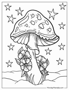 a mushroom with stars in the background and flowers on it, coloring page for kids