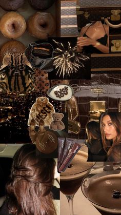 a collage of photos with various items and people in them, including a woman sitting at a table