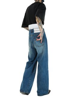 Introducing the Dual Waistband Baggy Denim Jeans from the IN TERRIS SS22 collection. These unisex jeans feature a double-waisted design with a contrasting white elastic inner waist. The baggy, straight-leg fit and foldable high-waisted shape provide a unique and stylish look. Made from light elastic denim cotton fabric, these dark blue denim jeans come with an IN TERRIS back patch in white. Available in three sizes: Small, Medium, and Large. Detailed size chart below for specific measurements: S Oversized Straight Leg Hip Hop Jeans, Oversized Wide Leg Hip Hop Jeans, Oversized Wide-leg Hip Hop Jeans, Oversized High Rise Pants For Streetwear, Oversized Five Pockets Pants For Streetwear, Oversized Five-pocket Pants For Streetwear, Oversized Five Pocket Jeans For Streetwear, Oversized Five-pocket Jeans For Streetwear, Wide-leg Jeans For Streetwear With Belt Loops