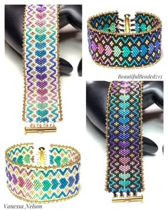 three different types of bracelets with gold clasps and beaded designs on them