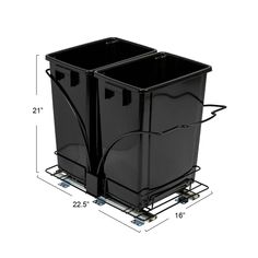 two black plastic containers sitting on wheels with measurements for each side and the top section