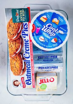 cookies, yogurt, and other items in a container