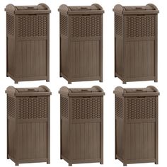 six brown plastic trash cans sitting next to each other