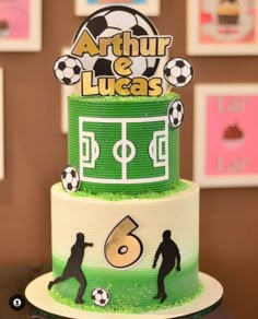 a three tiered cake with soccer themed frosting