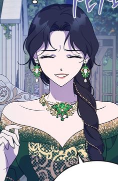 an anime character with long black hair wearing green and gold dress, holding a speech bubble above her head