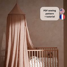 a baby crib with a mosquito net hanging from it's side, in front of an american flag