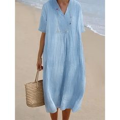 Season:Summer,Spring; Fabric:Cotton; Sleeve Length:Short Sleeve; Look After Me:Machine wash; Gender:Women's; Style:Basic,Modern; Elasticity:Inelastic; Occasion:Daily,Weekend; Fit Type:Loose Fit; Dresses Type:Cotton Summer Dress,Casual Dress; Pattern:Plain; Neckline:V Neck; Front page:FF; Listing Date:03/14/2024; Production mode:External procurement; 2024 Trends:2023; Bust:; Length:; Fit US Size:null; Fit UK Size:null; Fit EU Size:null; Dress Length Type:Midi Dress; Print Type:non-printing Non-stretch Beach Dress With Pockets, Summer Beach Dress With Buttons, Relaxed Fit Solid Color Summer Dresses, Casual Beach Season Dress With Pockets, Casual Beach Dress With Pockets, Casual Light Blue Summer Dress, Solid Color Cotton Beach Dress, Light Blue Relaxed Fit Dress For Summer, Buttoned Beach Dress