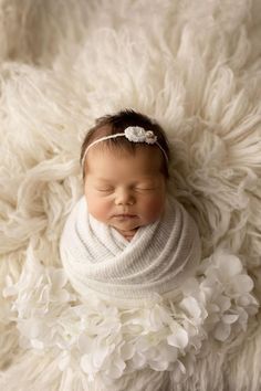 a newborn baby is wrapped in a white blanket and wearing a white flower headband