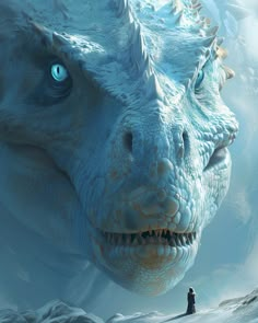 a man standing in front of a white dragon with blue eyes and sharp teeth, looking at the camera